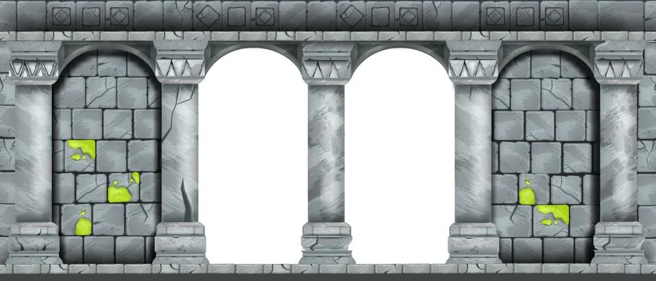 Vector stone arch, ancient marble cracked pillars, brick old castle wall Stock Illustration