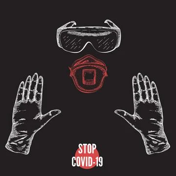 Vector Stop covid-19 banner with medical gloves and glass. Stock Illustration