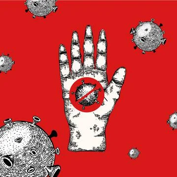 Vector Stop covid-19 banner with medical gloves and glass. Stock Illustration