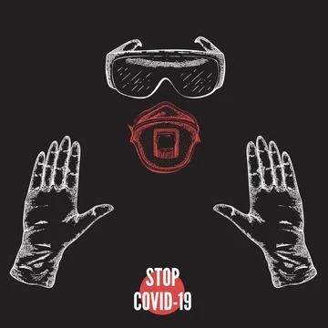 Vector Stop covid-19 banner with medical gloves and glass. Stock Illustration