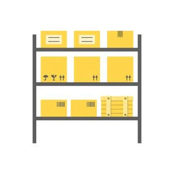 Vector storage,rows of shelves with boxes,flat design Stock Illustration