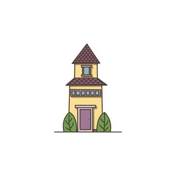 Vector strange tall house with two bushes icon. Vector Yellow house with purple Stock Illustration