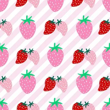 Vector strawberries seamless pattern on striped background Stock Illustration