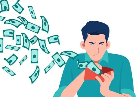 Vector of a stressed man looking at his wallet with money dollar banknotes .. Stock Illustration