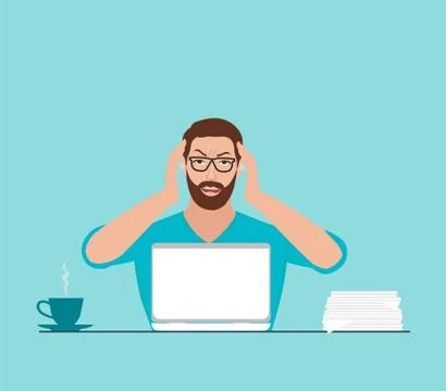 Vector of a stressed man working on a laptop computer Stock Illustration