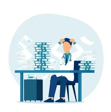 Vector of a stressed overworked doctor sitting at a desk in his office Stock Illustration