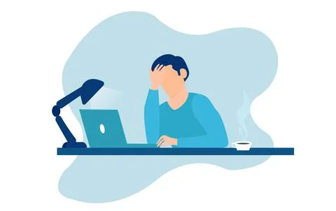 Vector of stressed tired man sitting at table working on laptop computer Stock Illustration