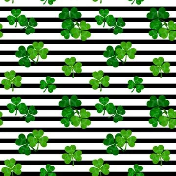 Vector stripes seamless black and white pattern with green shamrocks Stock Illustration