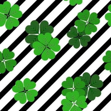 Vector stripes seamless black and white pattern with green shamrocks Stock Illustration