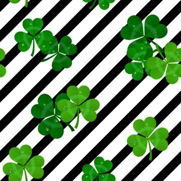 Vector stripes seamless black and white pattern with green shamrocks Stock Illustration