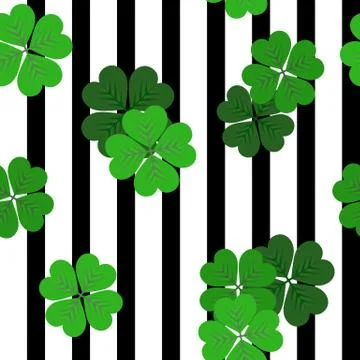 Vector stripes seamless black and white pattern with green shamrocks Stock Illustration
