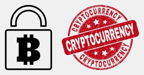 Vector Stroke Bitcoin Lock Icon and Scratched Cryptocurrency Seal Stockillustratie