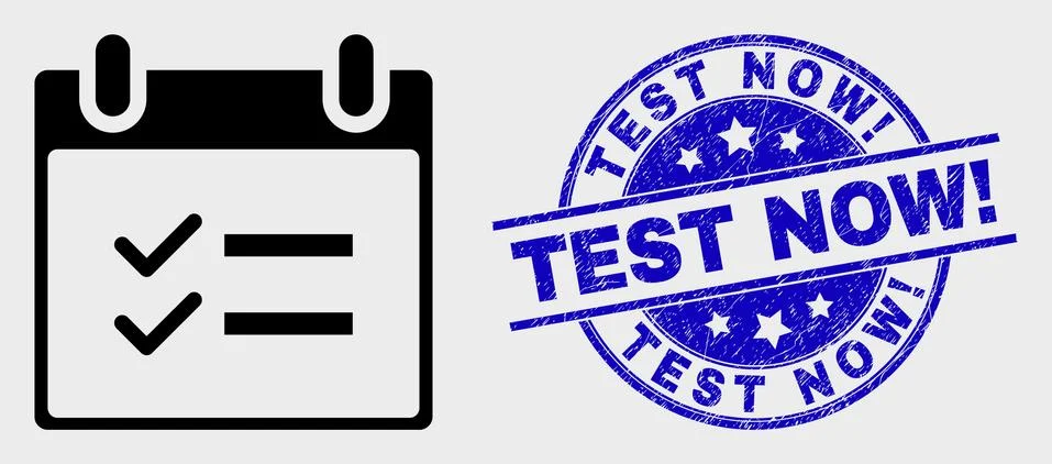 Vector Stroke Calendar Page Tasks Icon and Scratched Test Now! Stamp Stock Illustration