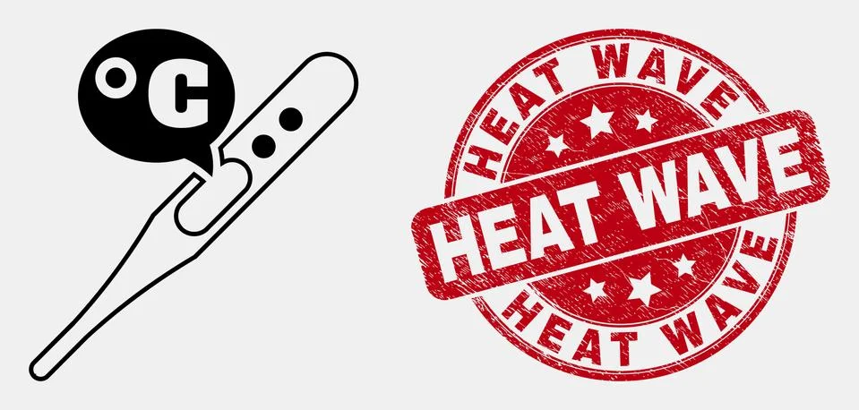 Vector Stroke Celsius Thermometer Icon and Grunge Heat Wave Seal Stock Illustration