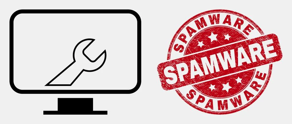 Vector Stroke Computer Settings Wrench Icon and Distress Spamware Stamp Seal 스톡 일러스트