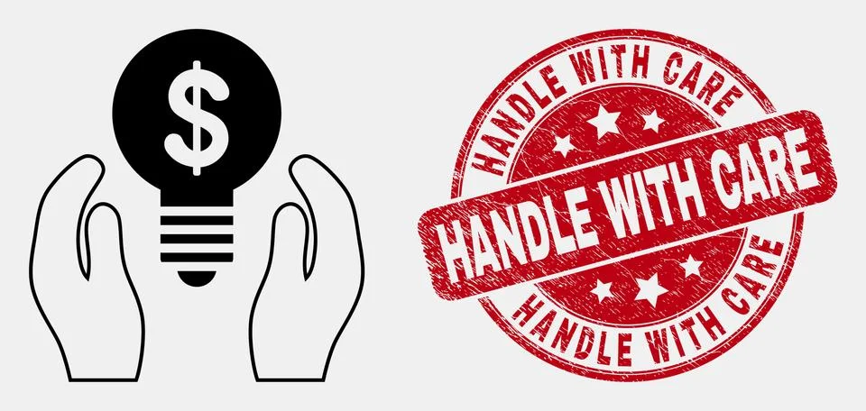 Vector Stroke Dollar Bulb Care Hands Icon and Distress Handle with Care Stamp Illustration