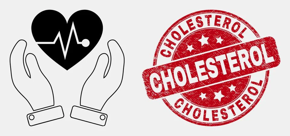 Vector Stroke Heart Surgery Care Hands Icon and Distress Cholesterol Stamp Seal Stock Illustration