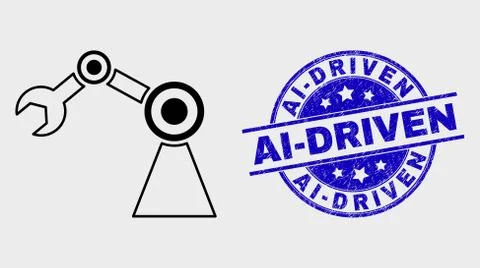 Vector Stroke Industrial Robot Icon and Distress Ai-Driven Watermark Stock Illustration