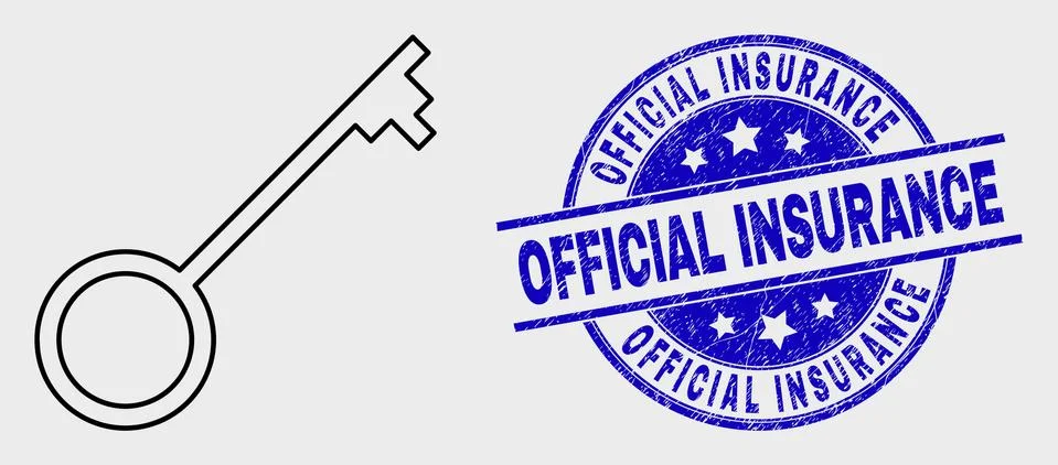 Vector Stroke Key Icon and Scratched Official Insurance Stamp Seal Stock Illustration