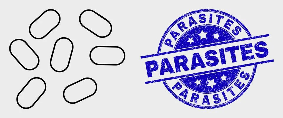 Vector Stroke Microbes Icon and Scratched Parasites Stamp Stock Illustration