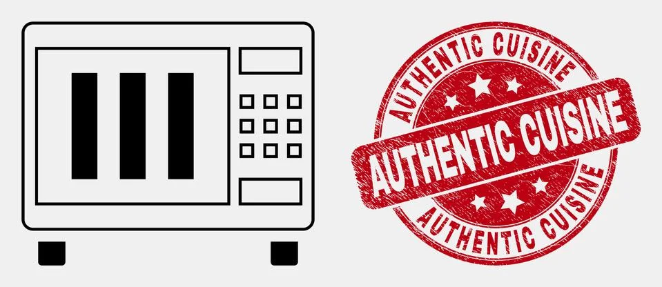 Vector Stroke Microwave Oven Icon and Scratched Authentic Cuisine Watermark Stock Illustration