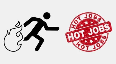 Vector Stroke Person Running Away from Fire Icon and Distress Hot Jobs Seal Stock Illustration