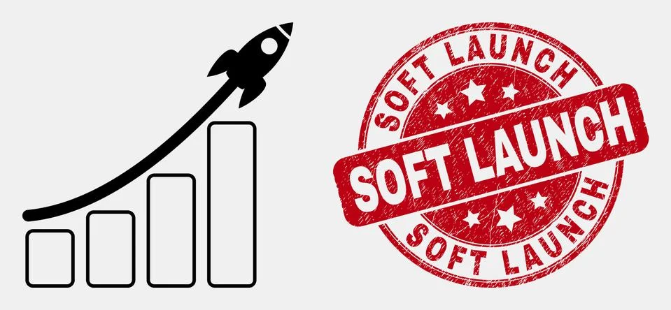 Vector Stroke Rocket Bar Chart Icon and Distress Soft Launch Watermark Illustrazione stock