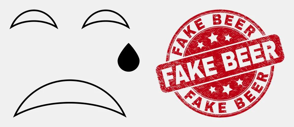 Vector Stroke Tear Smiley Icon and Scratched Fake Beer Stamp Seal Stock Illustration