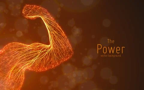 Vector strong man arm. Big biceps formed with swirl lines and glowing points. 스톡 일러스트