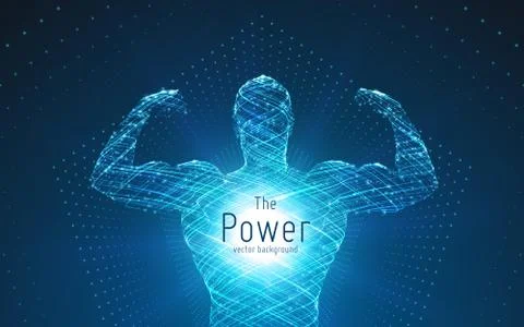 Vector strong man. Big biceps formed with swirl lines and glowing points. Str イラスト素材