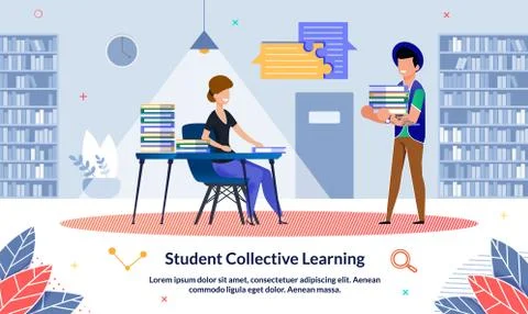 Vector Student Collective Learning, Cartoon. Girl Sitting at Table with Pile Illustrazione stock