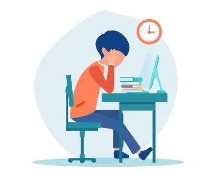 Vector of a student sitting at desk with head in hands feeling burnout, iso.. Stock Illustration