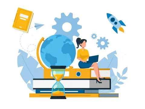 Vector of a student studies reading books uses online resources 스톡 일러스트