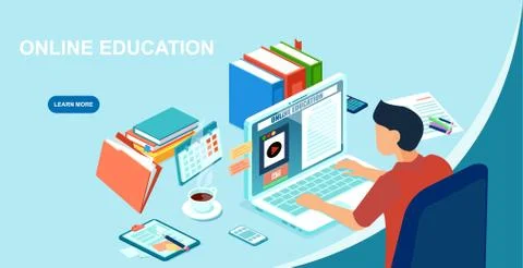 Vector of a student studying at home using laptop computer. Stock Illustration