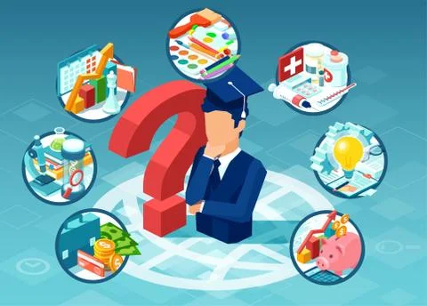 Vector of a student thinking of a postgraduate education deciding on college. Stock Illustration