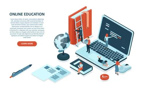 Vector of students learning via internet platforms, using digital webinars an Illustrazione stock
