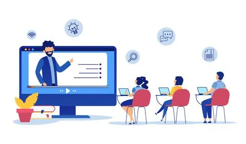 Vector of students learning online at home by webinar training Stock Illustration