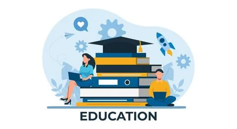 Vector of students sitting on a pile of books learning, using laptops Illustrazione stock