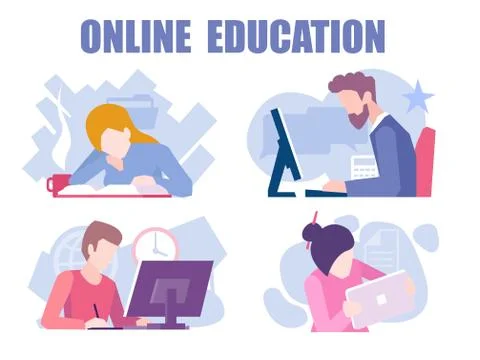 Vector of students training taking courses, learning, watching video tutorial Stock Illustration