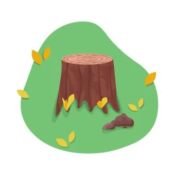 Vector stump surrounded with autumn leaves on green background Stock Illustration