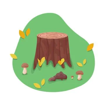 Vector stump surrounded with mushrooms and leaves Stock Illustration
