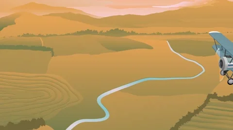Vector-style animation of biplanes flying over a field at dawn or dusk. Stock Footage 40478799