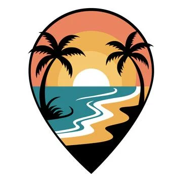 Vector-style beach illustration inside a location pin shape Stock-Illustration