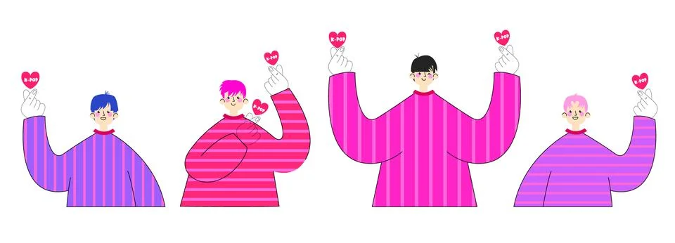 Vector-style set of four K-pop characters presenting finger heart gestures .. Stock Illustration