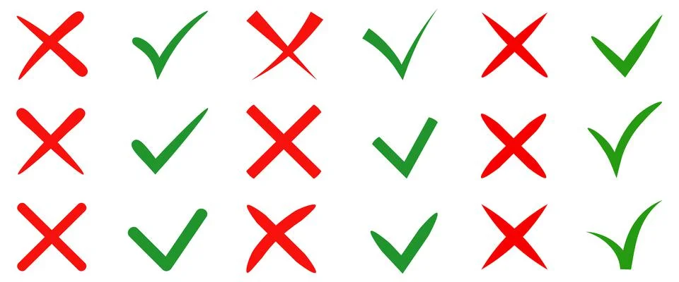 Vector stylish check marks big set. Green tick and red cross in different Stock-Illustration
