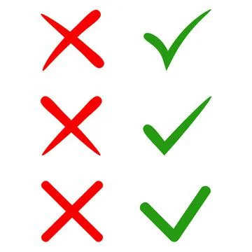 Vector stylish check marks set. Green tick and red cross in different shapes. Illustrazione stock