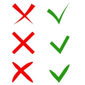 Vector stylish check marks set. Green tick and red cross in different shapes. Stock Illustration