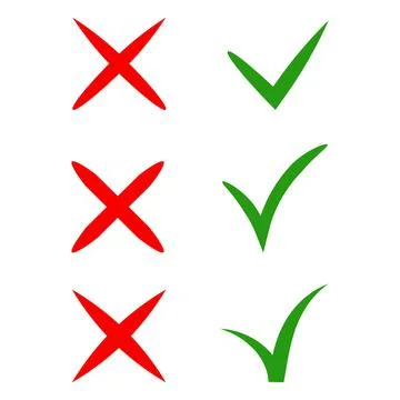 Vector stylish check marks set. Green tick and red cross in different shapes. Stock Illustration