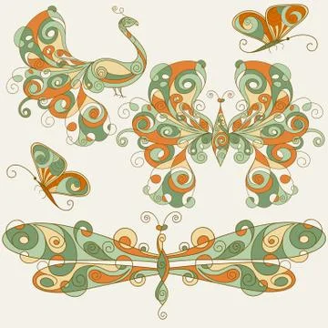 Vector stylized dragonfly, butterflies, and peacock Illustrazione stock