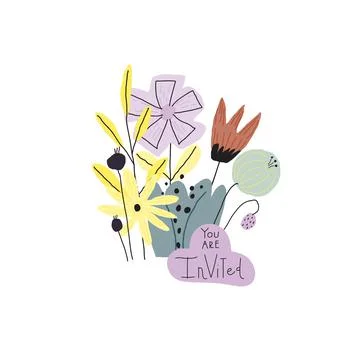 Vector stylized hand drawn flowers bouquet, handwritten phras Stock Illustration